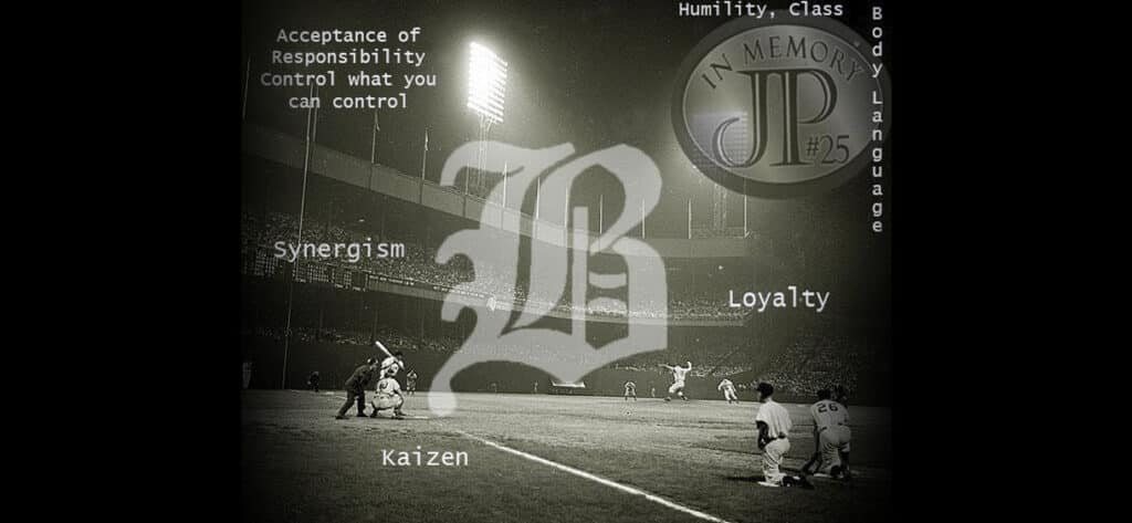 Baseball field with "Humility, class, synergism, Kaizen, Loyalty" overlaid