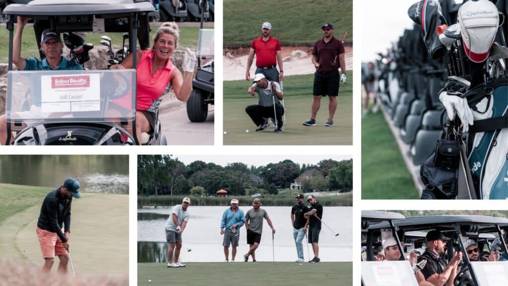 A six-grid of images of people playing golf